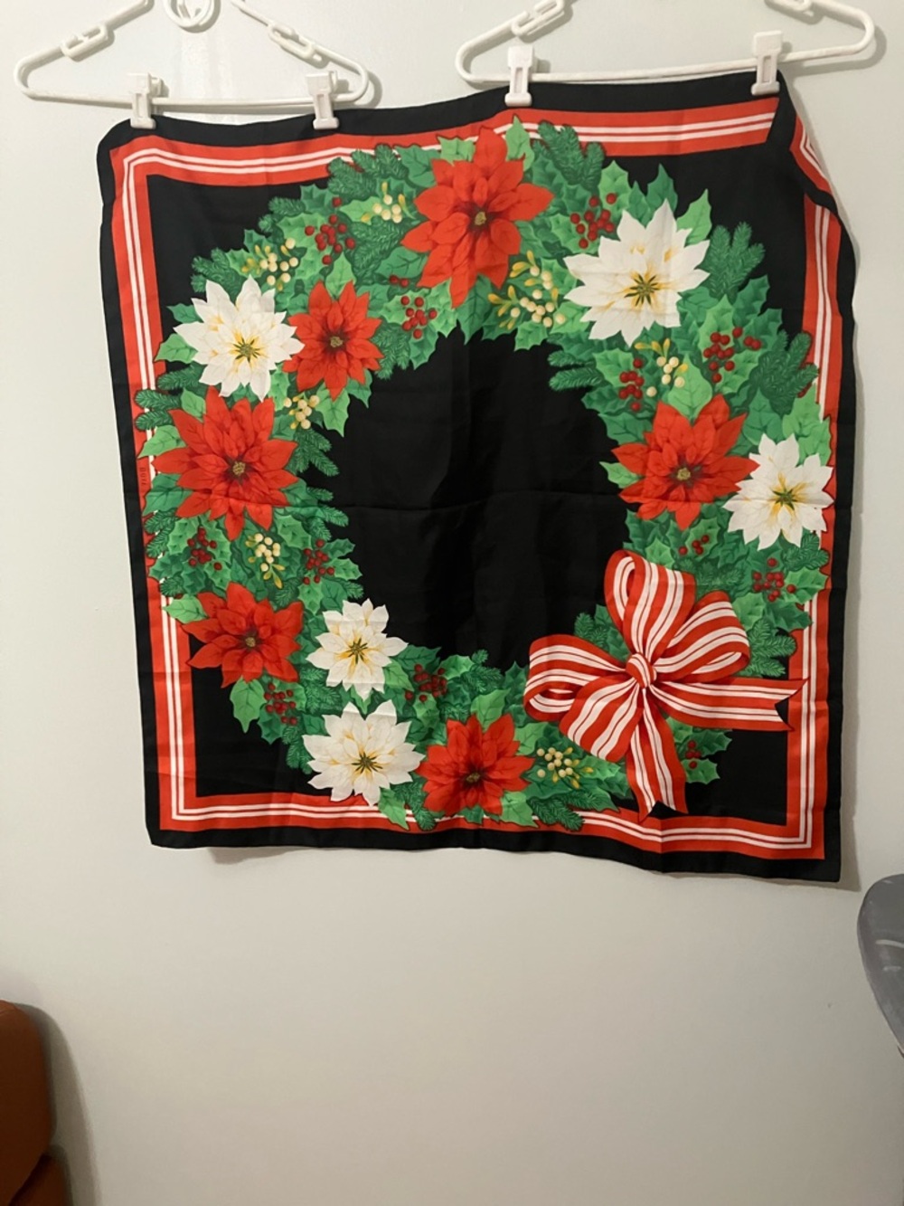Avon Holiday Poinsettia Wreath Decorative Scarf - Black with Red & White